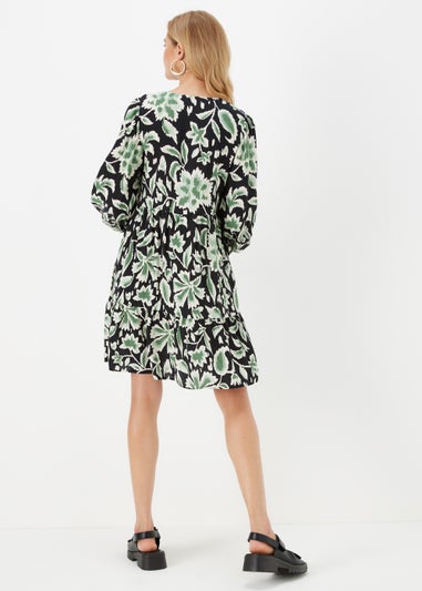 Black Green Floral Print Mini Dress