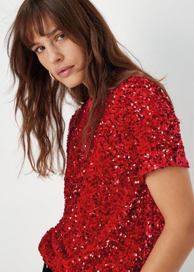 Et Vous Red Embellished T-Shirt