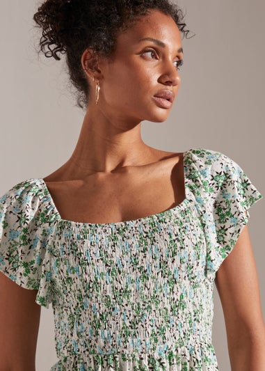 Green Ditsy Print Shirred Midi Dress