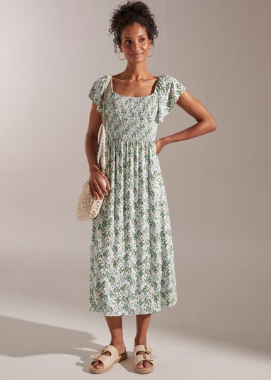 Green Ditsy Print Shirred Midi Dress