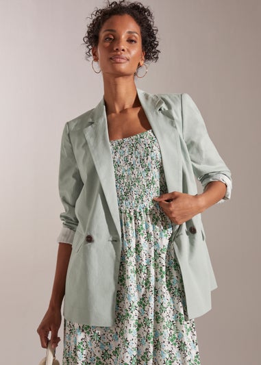 Green Ditsy Print Shirred Midi Dress