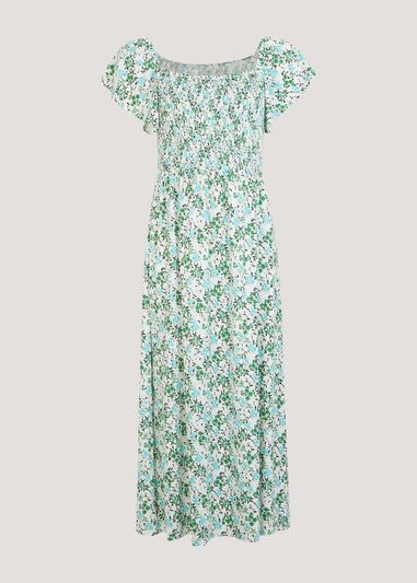 Green Ditsy Print Shirred Midi Dress