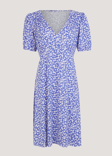 Blue Floral Angel Sleeve Knee Length Dress