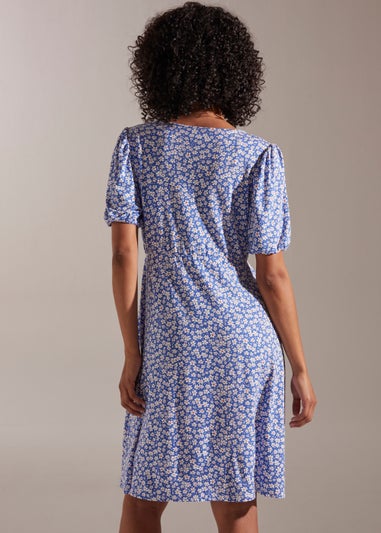 Blue Floral Angel Sleeve Knee Length Dress