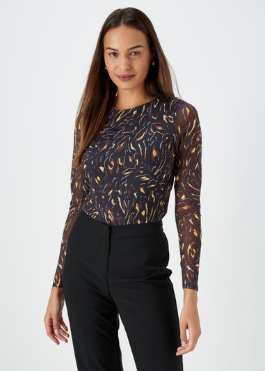 Et Vous Black Animal Print Mesh Long Sleeve Top