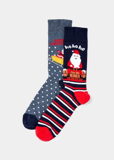 2 Pack Navy Santa Print Christmas Socks