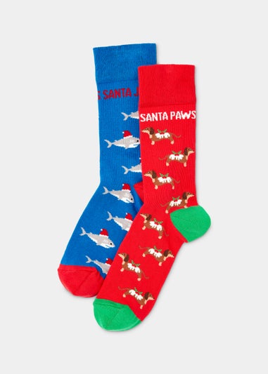 2 Pack Multicoloured Dog & Shark Christmas Socks