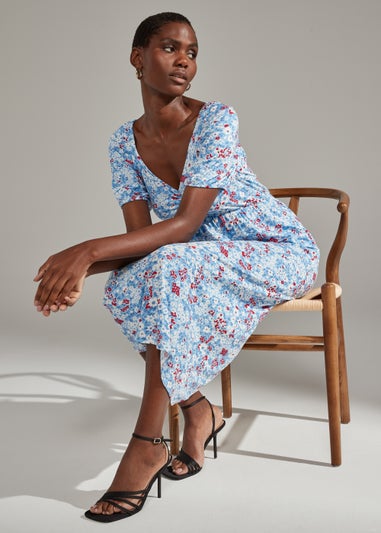 Blue Floral Print Sweetheart Midi Dress