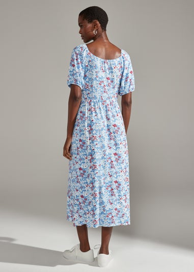 Blue Floral Print Sweetheart Midi Dress