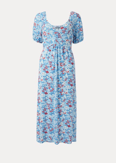 Blue Floral Print Sweetheart Midi Dress