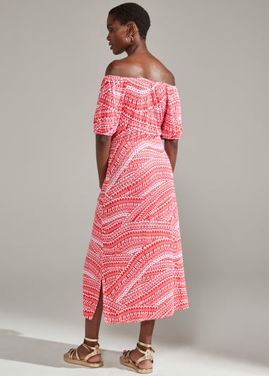 Red Tile Print Bardot Midi Dress