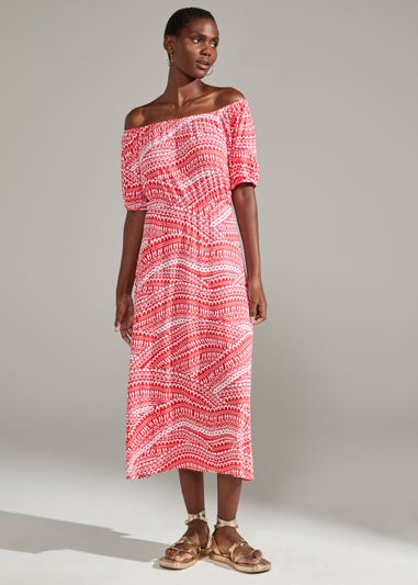 Red Tile Print Bardot Midi Dress