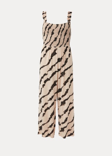 Beige Shirred Tie Dye Print Jumpsuit
