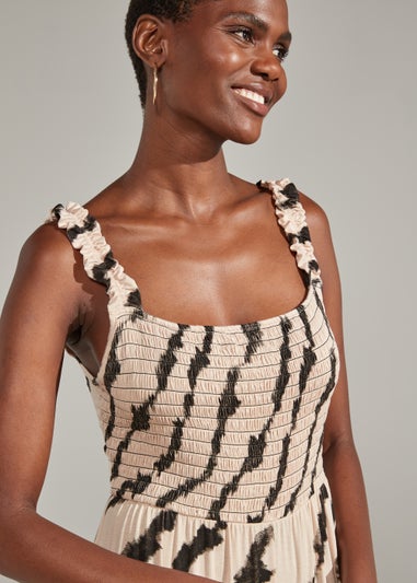Beige Shirred Tie Dye Print Jumpsuit