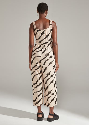 Beige Shirred Tie Dye Print Jumpsuit