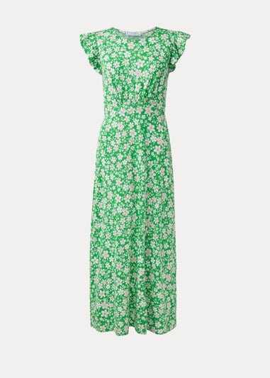 Green Floral Print Frill Sleeve Midi Dress