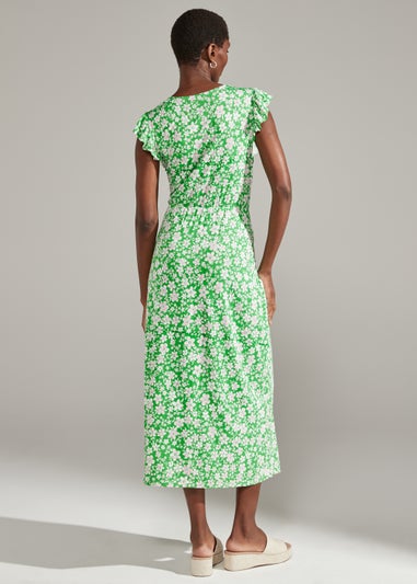 Green Floral Print Frill Sleeve Midi Dress