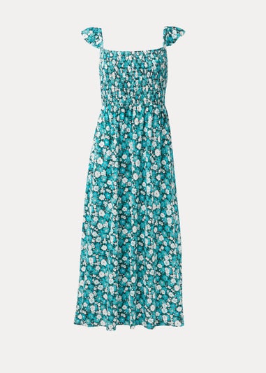 Turquoise Ditsy Floral Print Shirred Cami Dress