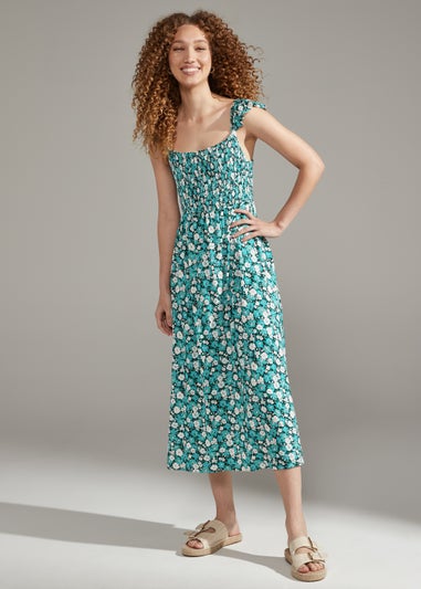 Turquoise Ditsy Floral Print Shirred Cami Dress