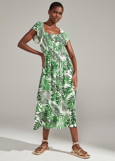 Green Leaf Print Shirred Midi Dress