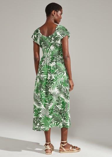 Green Leaf Print Shirred Midi Dress