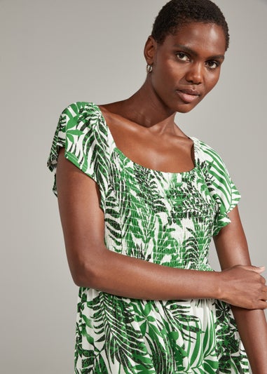 Green Leaf Print Shirred Midi Dress