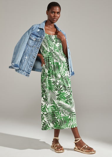 Green Leaf Print Shirred Midi Dress