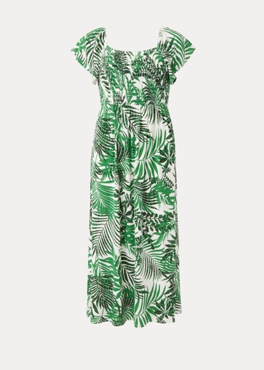 Green Leaf Print Shirred Midi Dress