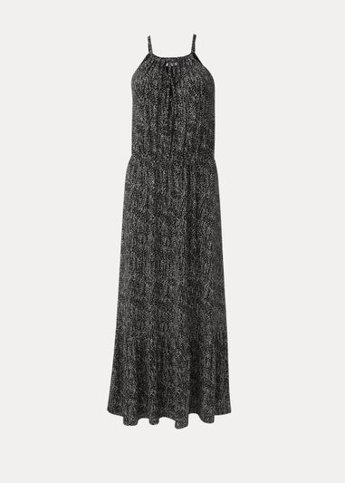 Black Dot Print Halter Neck Midi Dress