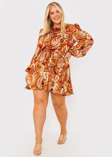 In the Style Danielle Orange Paisley Print Skater Dress