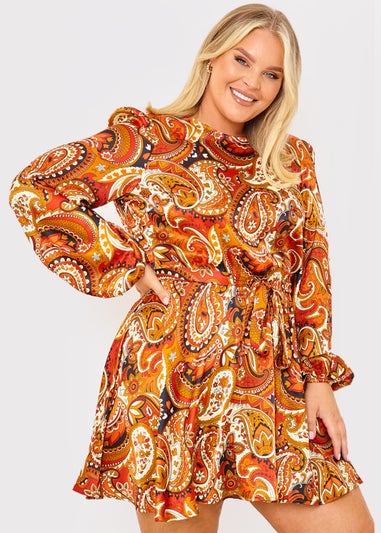 In the Style Danielle Orange Paisley Print Skater Dress