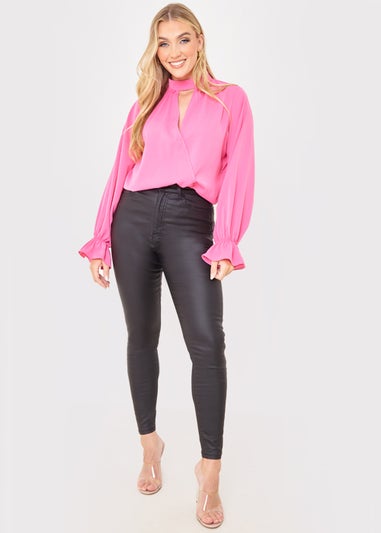 In the Style Jac Jossa Pink Satin High Neck Blouse