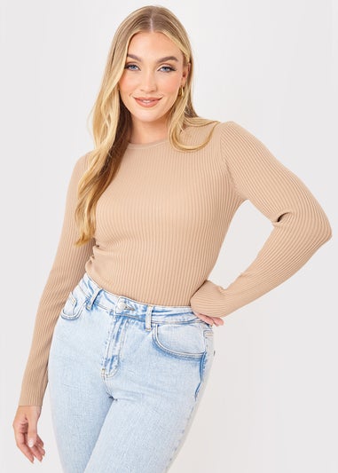 In the Style Jac Jossa Camel Ribbed Crew Neck Bodysuit