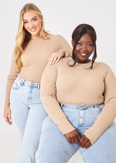 In the Style Jac Jossa Camel Ribbed Crew Neck Bodysuit