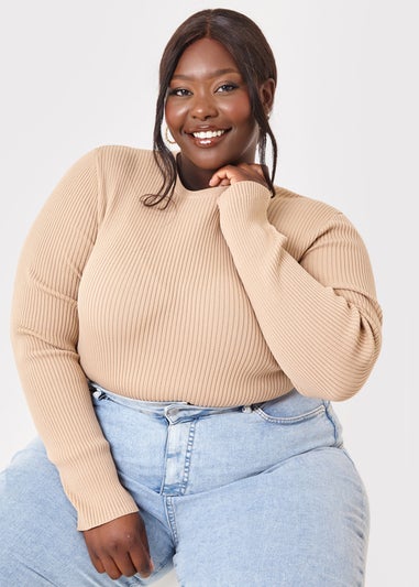 In the Style Jac Jossa Camel Ribbed Crew Neck Bodysuit