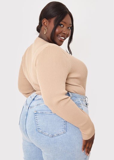 In the Style Jac Jossa Camel Ribbed Crew Neck Bodysuit