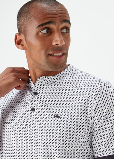 White Print Grandad Collar Polo Shirt