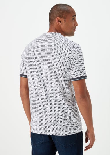 White Print Grandad Collar Polo Shirt