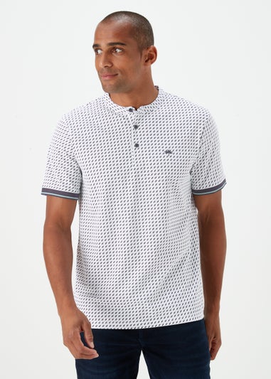 White Print Grandad Collar Polo Shirt