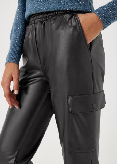 Papaya Petite Black PU Cargo Trousers