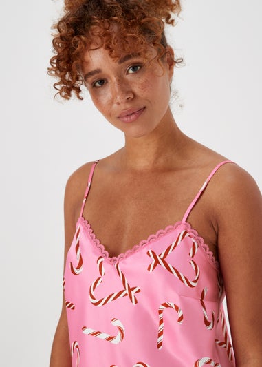 Pink Christmas Candy Cane Satin Cami Pyjama Set