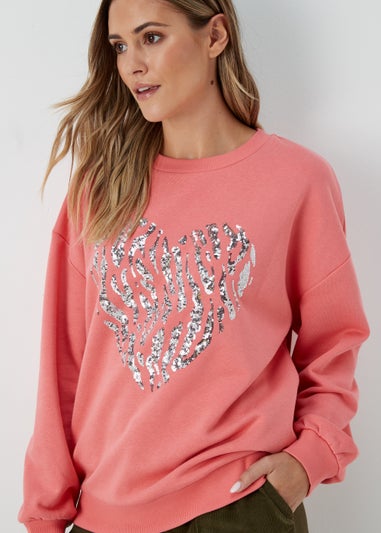 Coral Sequin Heart Sweatshirt