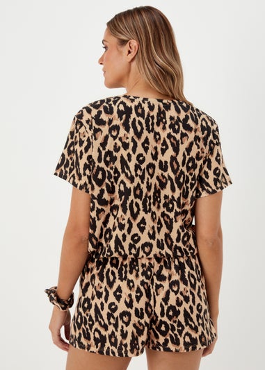Brown Animal Print Short Pyjama & Scrunchie Set