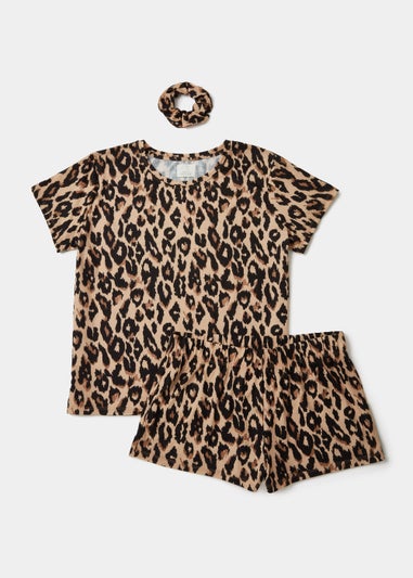 Brown Animal Print Short Pyjama & Scrunchie Set