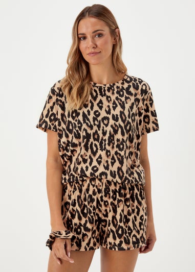 Brown Animal Print Short Pyjama & Scrunchie Set