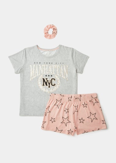 Grey & Pink Varity Print Short Pyjama & Scrunchie Set