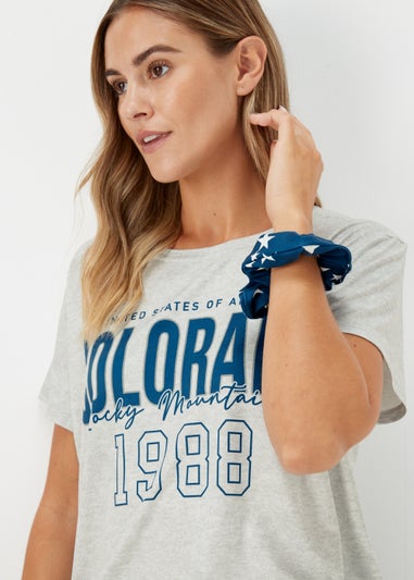 Grey & Blue Colorado Print Short Pyjama & Scrunchie Set