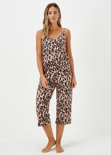 Brown Animal Print Wide Leg Cropped Bottoms