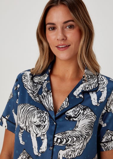 Navy Tiger Satin Short Pyjama Set