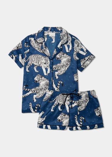 Navy Tiger Satin Short Pyjama Set